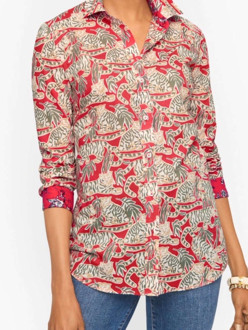 Talbots Red and Olive Abstract Print Button-Down Shirt